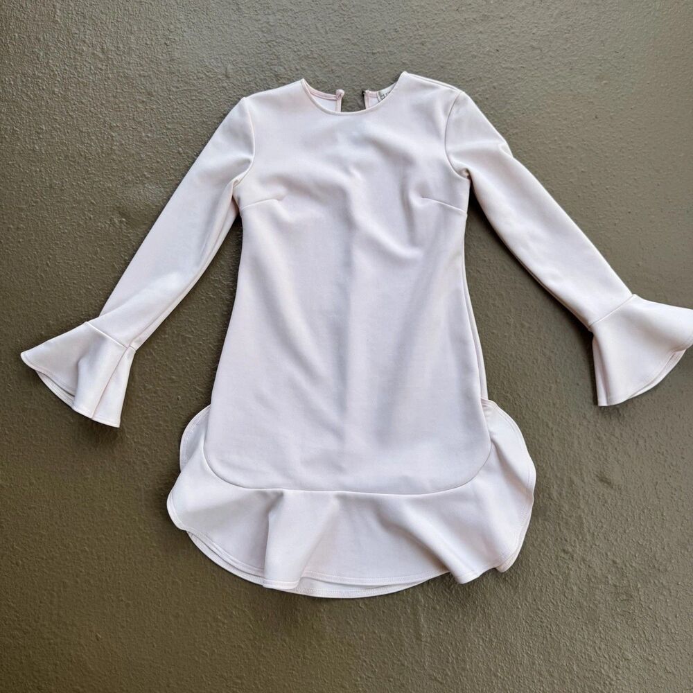 Club L London Sz L Light Baby Pink Long Sleeve Dress Ruffled Hem & Bell Sleeves